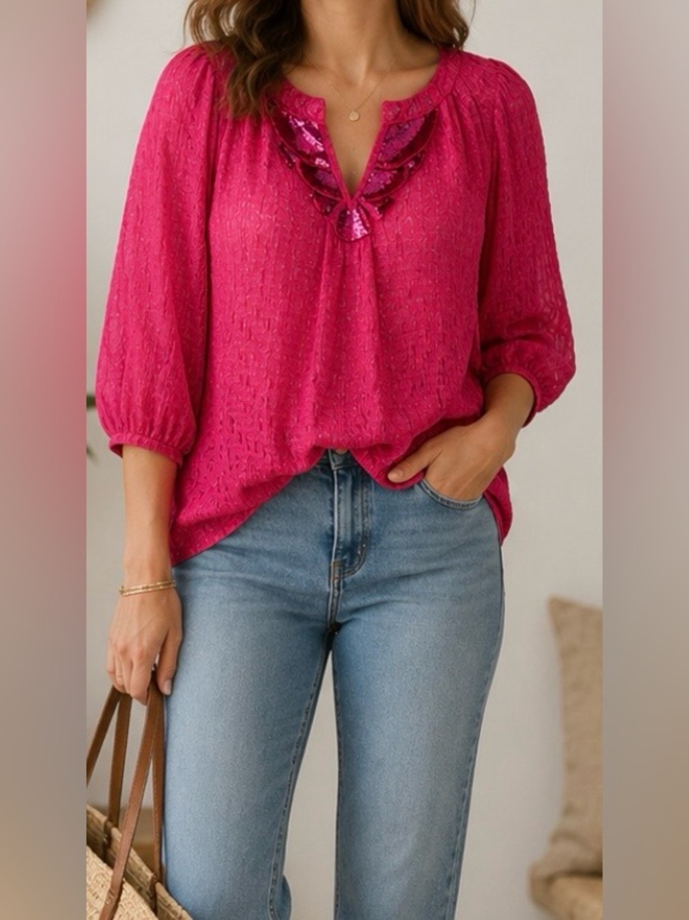 Robert Graham Women’s Pink Sequin Collar Silk Blouse Small